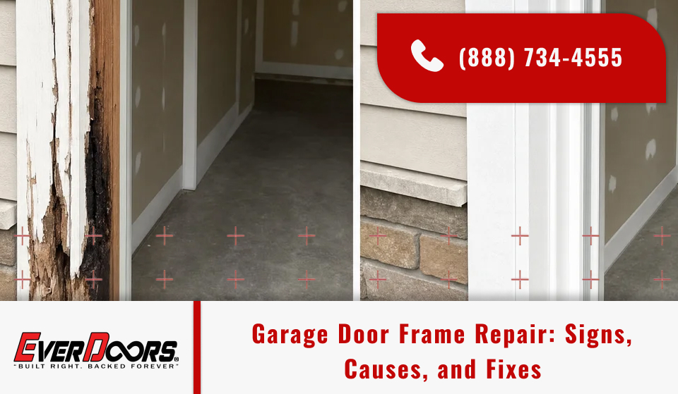 Technician performing garage door frame repair on a rotted and warped garage door frame before frame replacement.