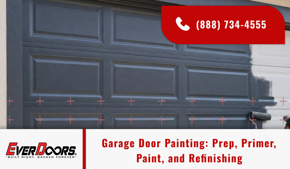 Garage door painting and repainting with paint prep and primer applied to a garage door.